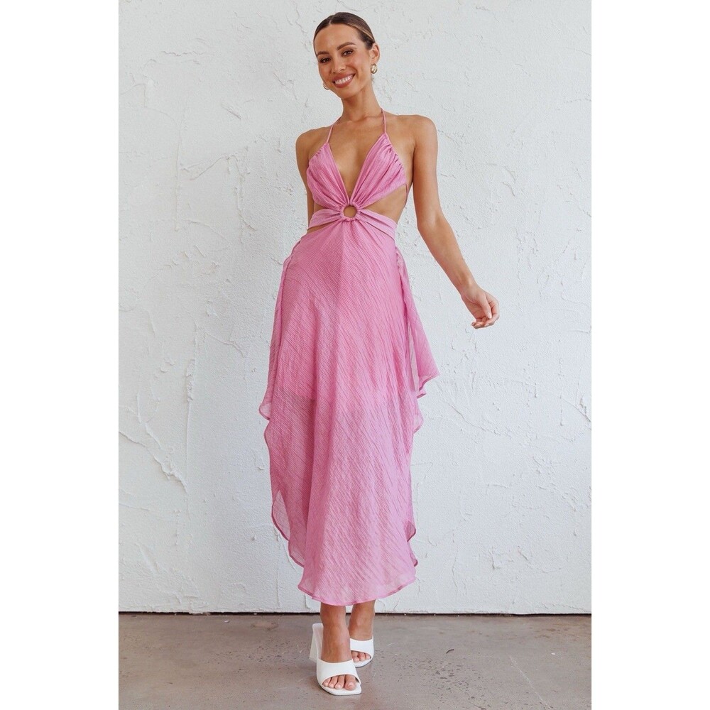 HERE COMES THE SUN Women's Midi Dress Pink‎ SMALL Halter Cut-Out
